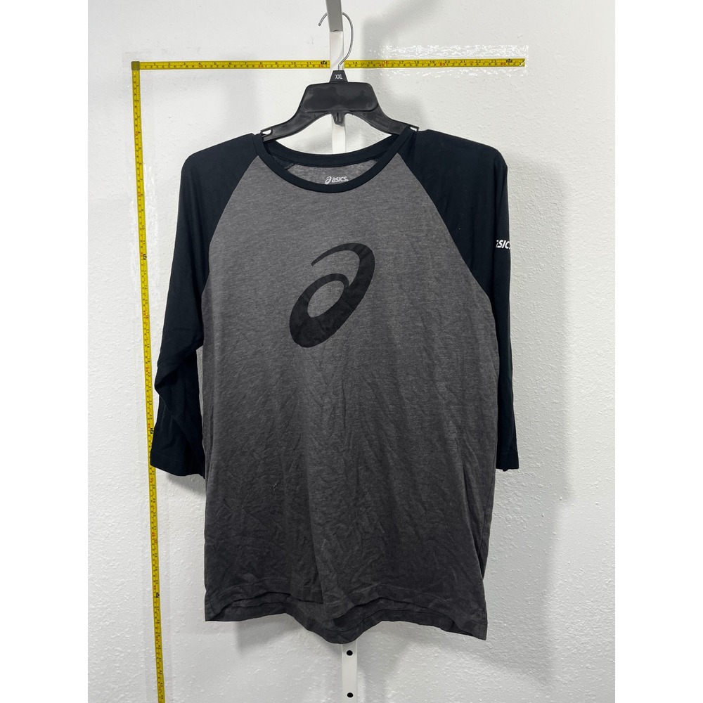 Asics Mens Large Gray Black Raglan 3/4 Sleeve Graphic Logo Training T-Shirt